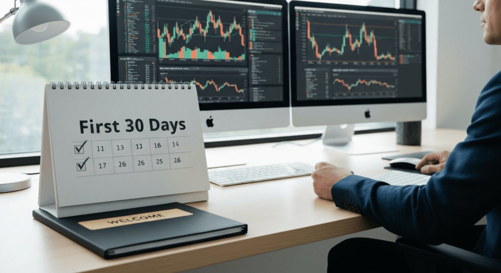 Desk setup for a trader with a 'First 30 Days' calendar and a welcome folder beside dual monitors displaying stock charts (onboarding scene).