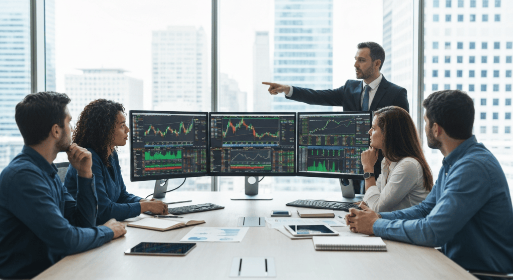Finance team reviews stock charts on multiple monitors as a presenter points to the screens in a modern office.