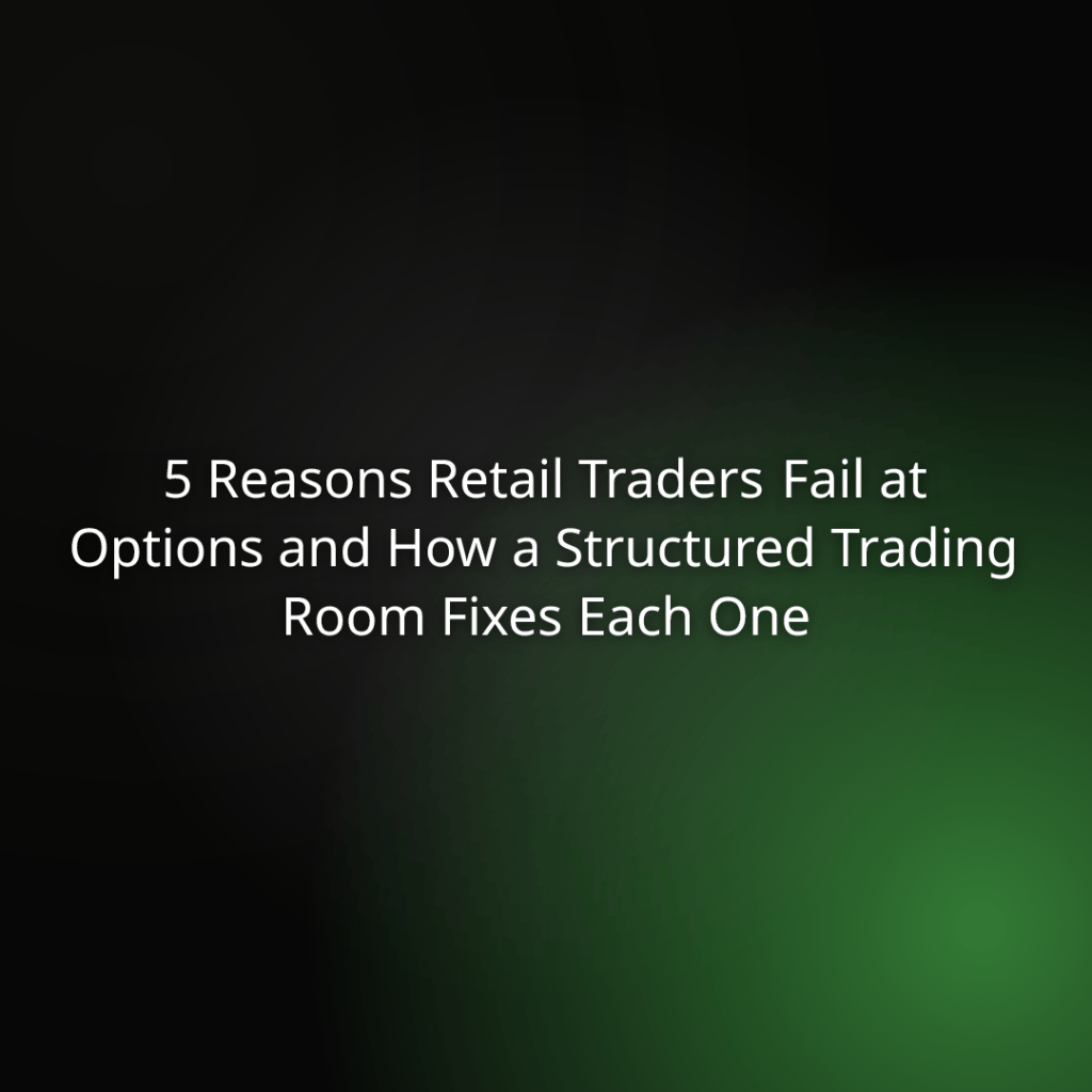 Slide title: '5 Reasons Retail Traders Fail at Options and How a Structured Trading Room Fixes Each One' on a dark gradient background.