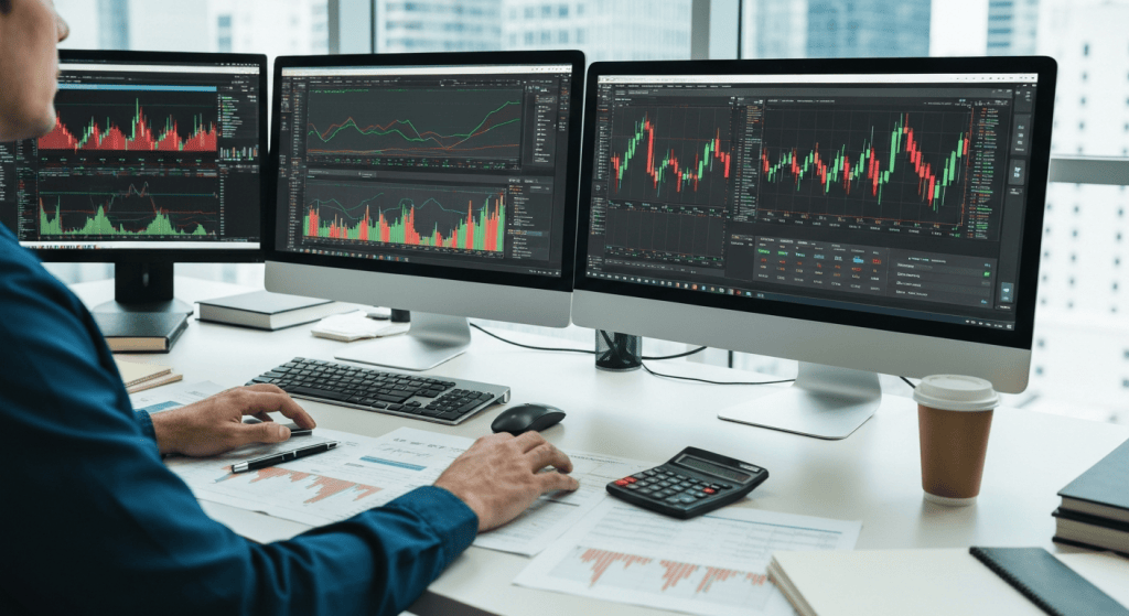 Person at a desk with three monitors displaying stock charts, using a calculator and keyboard, with a coffee cup and papers.