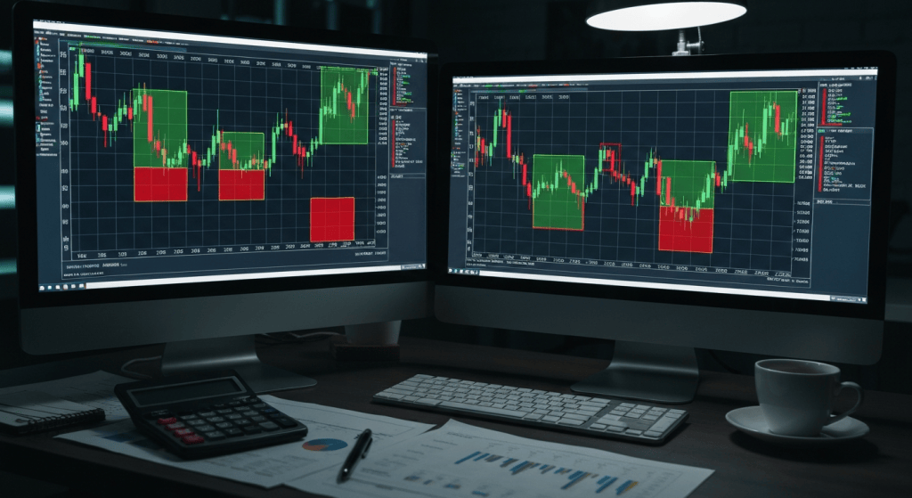 Two computer monitors show stock charts with green and red highlighted areas on a dark desk setup, alongside a calculator, papers, and a cup of coffee.