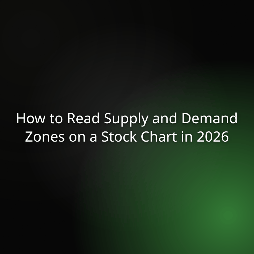 Presentation slide title: How to Read Supply and Demand Zones on a Stock Chart in 2026, dark gradient background.