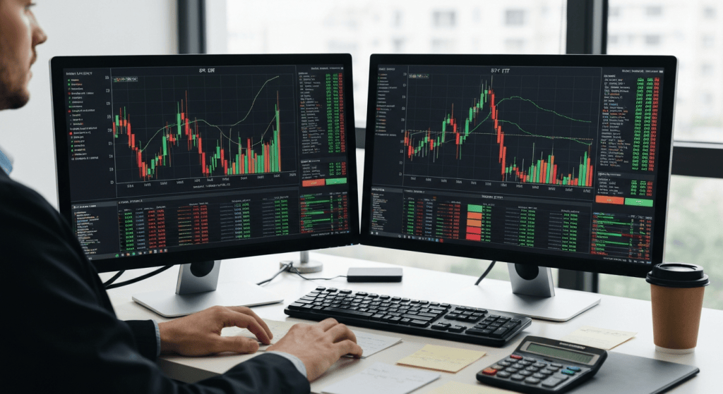 Man in a suit trades stocks at a desk with two monitors showing candlestick charts and market data.