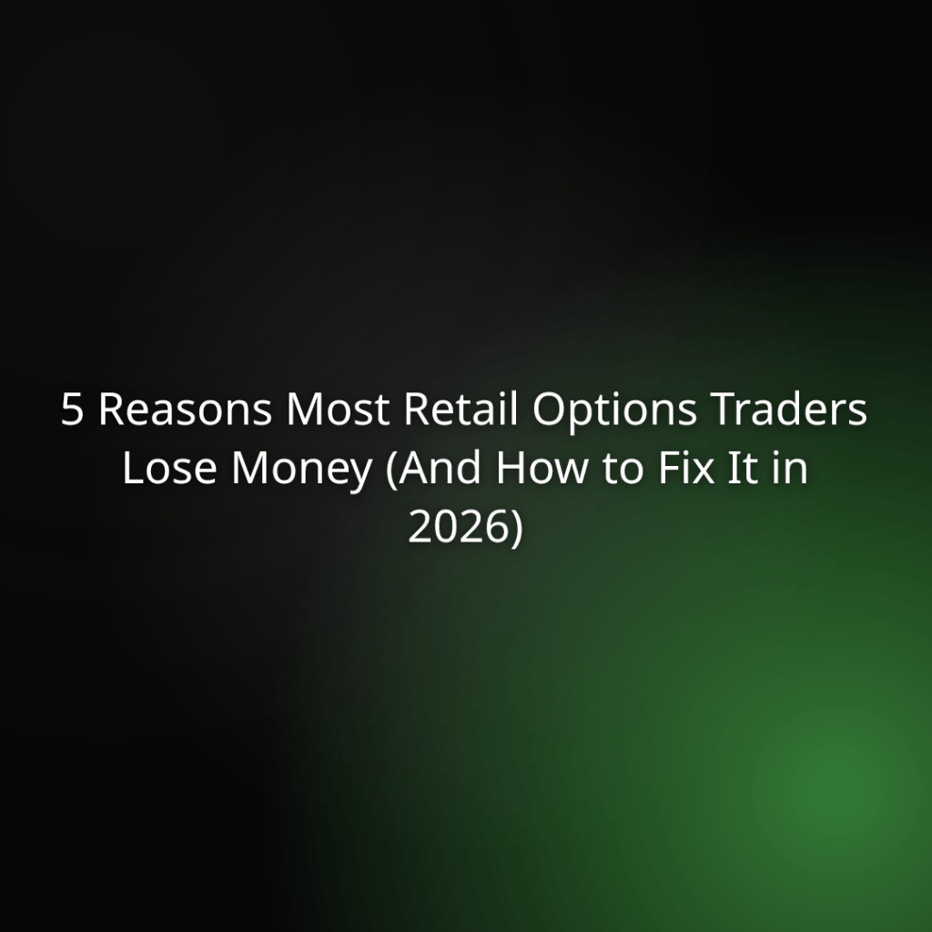 Article title 5 Reasons Most Retail Options Traders Lose Money And How to Fix It in 2026 on a dark green gradient background no images described