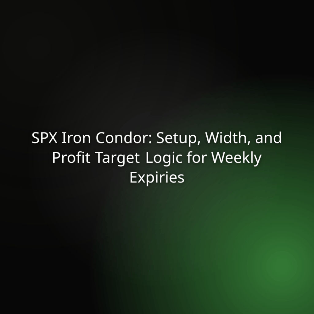 Slide title: SPX Iron Condor—Setup, Width, and Profit Target Logic for Weekly Expires (dark gradient background with green glow)