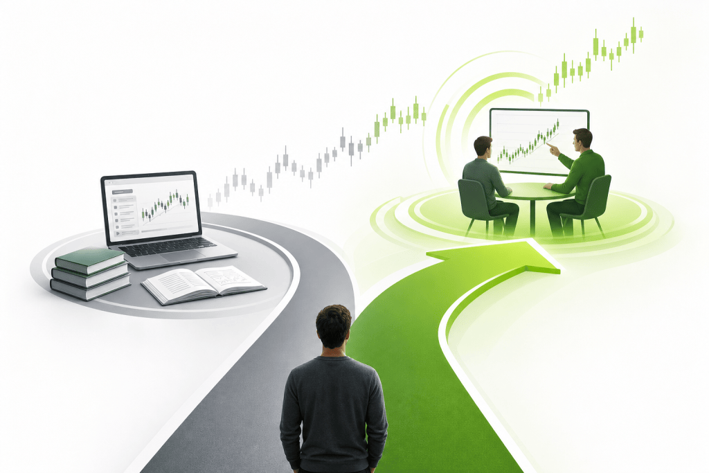 Man stands at a fork in the road: left has a laptop, books, and notebook; right shows two people at a table analyzing a rising stock chart on a monitor.