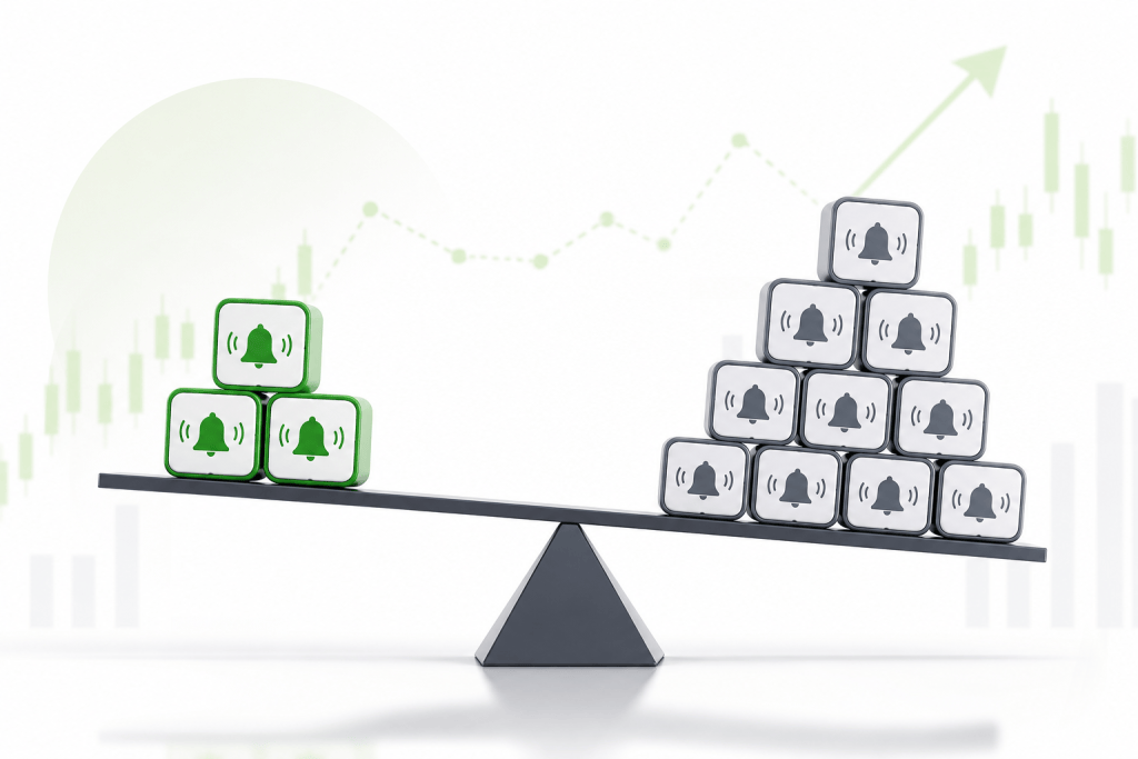 Seesaw with three green bell icons on the left and nine grey bell icons on the right, indicating more alerts on one side.