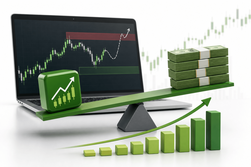 Stock chart on a laptop screen with a rising white arrow and a stack of cash on a seesaw-style balance scale,