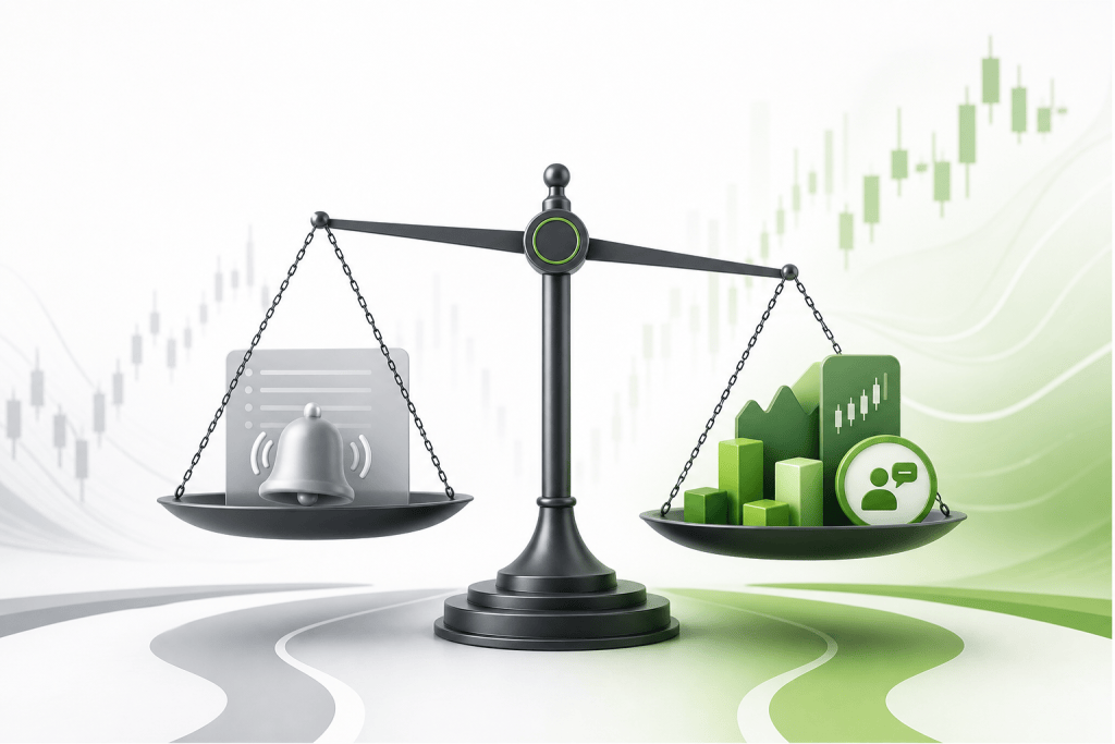 Balance scale comparing regulatory/compliance (left) versus growth analytics/financial charts (right) in a modern finance theme.