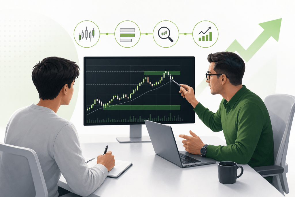 Two men in an office analyze a stock chart on a monitor, one using a pointer while the other takes notes in a notebook.