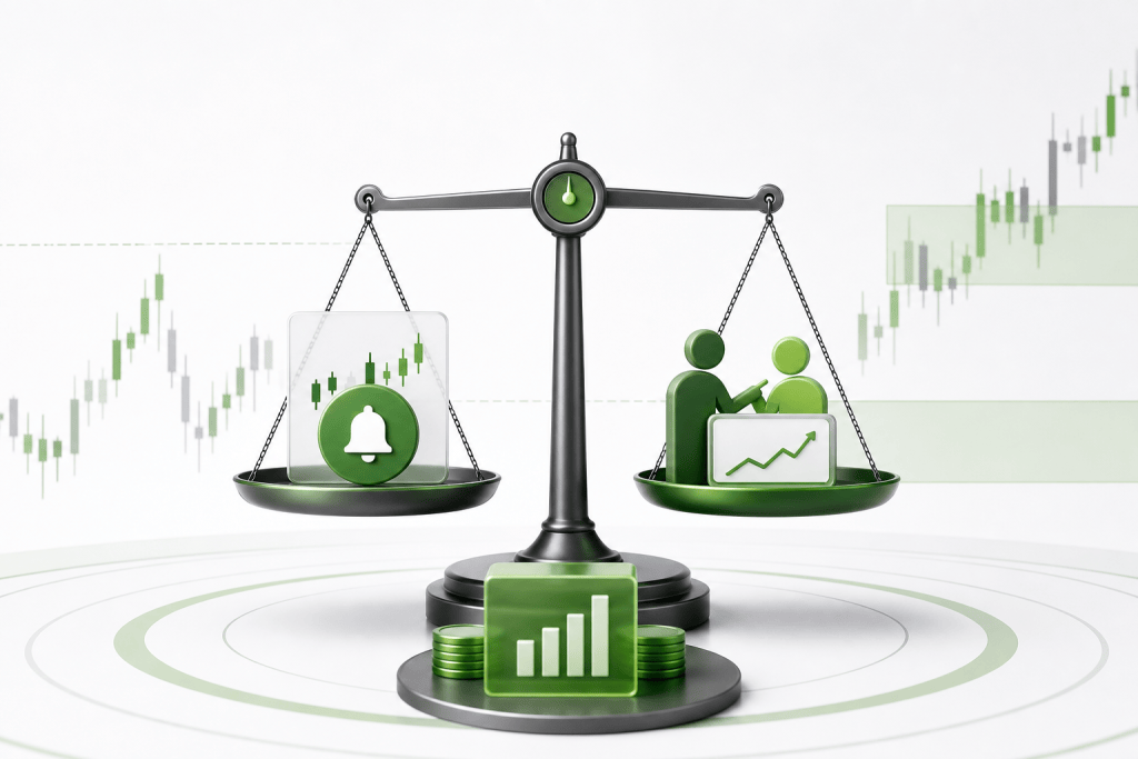 Balance scale with a bell icon and stock chart on left, growth figures on the right, symbolizing risk vs. growth in finance.