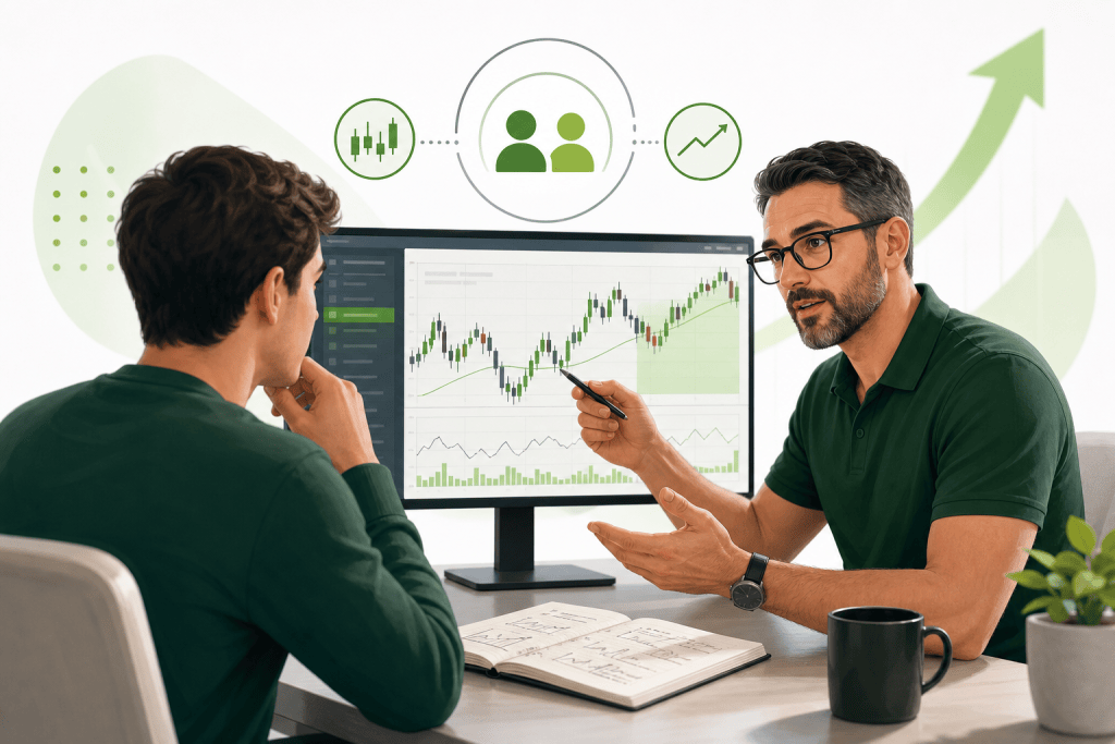 Two colleagues in green shirts discuss a candlestick stock chart displayed on a monitor, with a notebook and mug on the desk nearby.