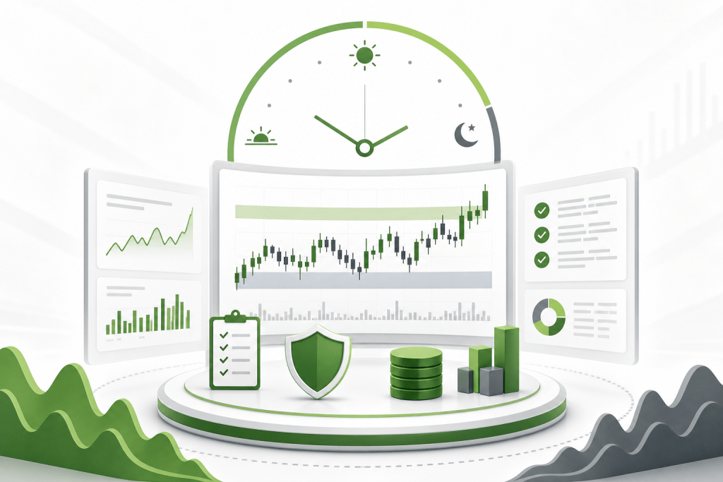 Dashboard with rising stock chart and data panels on a circular platform, symbolizing analytics and security.