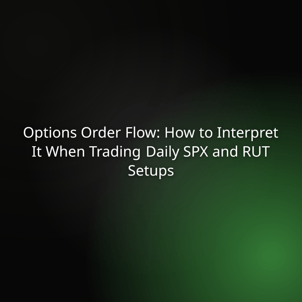 Presentation slide title: Options Order Flow: How to Interpret It When Trading Daily SPX and RUT Setups on a dark gradient background.