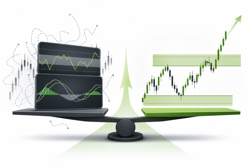 Balance scale with a laptop displaying stock charts on the left and a rising candlestick chart with green zones on the right, indicating growth or balance in analysis and markets. (informative)
