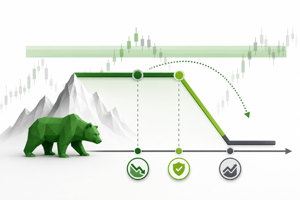 Abstract bear market infographic: a green polygon bear beside mountains and a downward price line reaching support levels with dotted ascent path suggesting reversal.