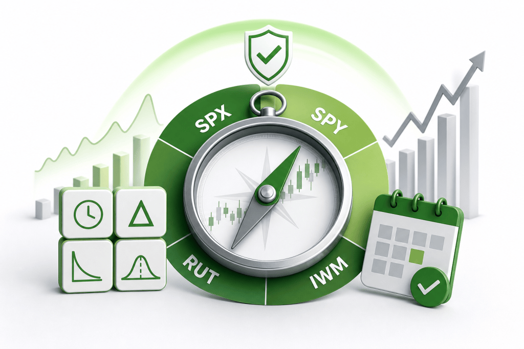 Green circular market gauge labeled SPX and IWM with PUT segment, a central compass, shield icon above, and calendar plus rising charts in the background.