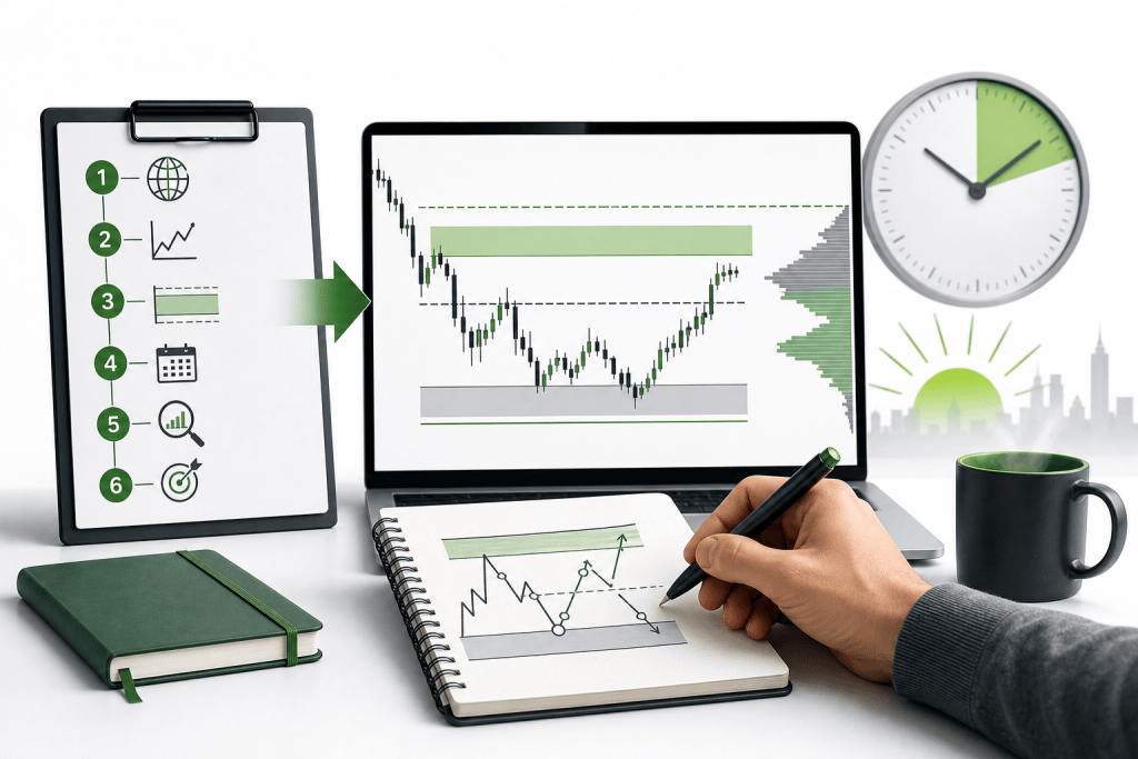 Hand writing in a notebook with a drawn financial chart while a laptop shows a candlestick chart and green analysis bars; a clipboard with a six-step list sits to the left, a green notebook and cup nearby.
