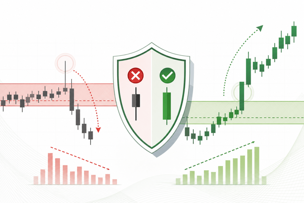 Stock chart showing a red downtrend area on the left and a green uptrend on the right, centered by a shield symbol for risk protection in trading.