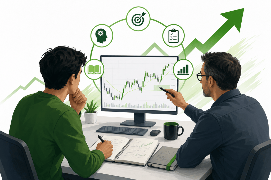 Two professionals review a stock chart on a monitor, with circular icons for goals, learning, data, and growth around it and a green upward trend in the background.
