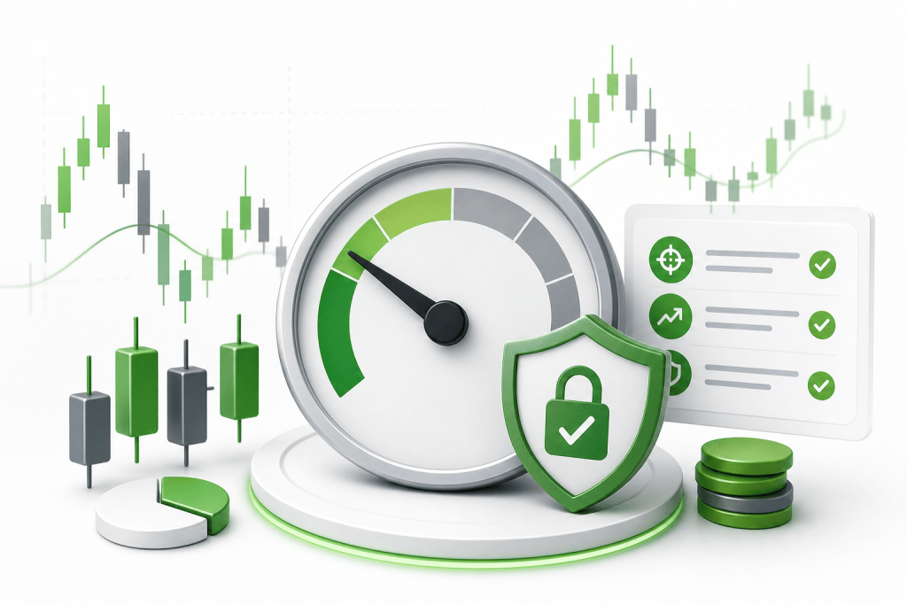 Security and performance concept: gauge meter with green segment, shield with lock, and checklist over financial charts and coins (illustrative infographic).