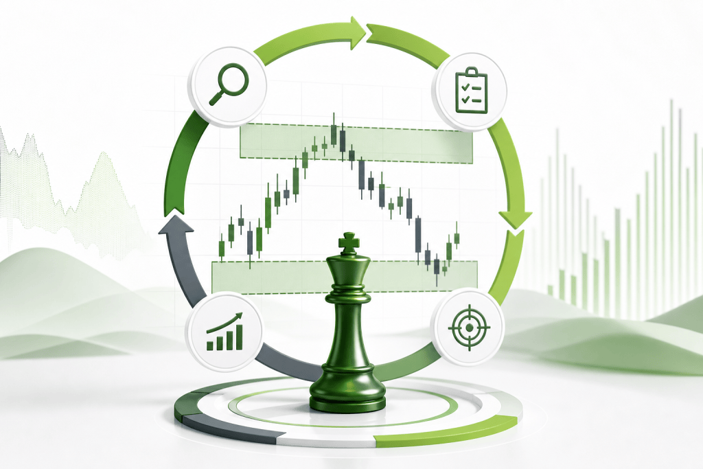 Green chess king at center with circular green arrows and four icons (search, clipboard, bar chart, target) representing strategic financial analysis.