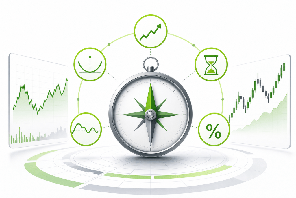 Central compass with six green outline icons (growth chart, balance, trend line, hourglass, sine wave, percent) linked to stock charts in the background, representing financial navigation and analytics.