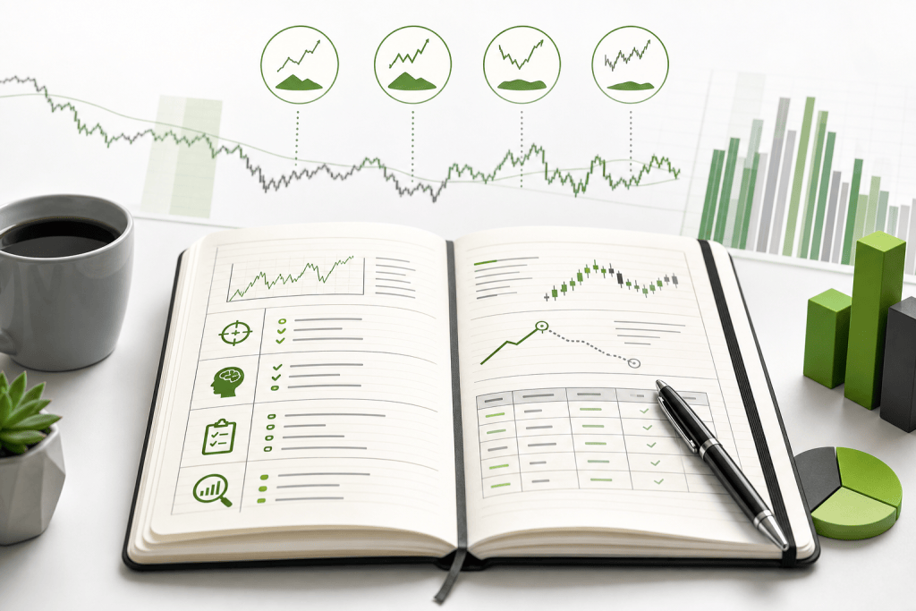 Open notebook with green line charts, a checklist, and a pen, set among a coffee mug and green bar graphs for a financial planning scene.