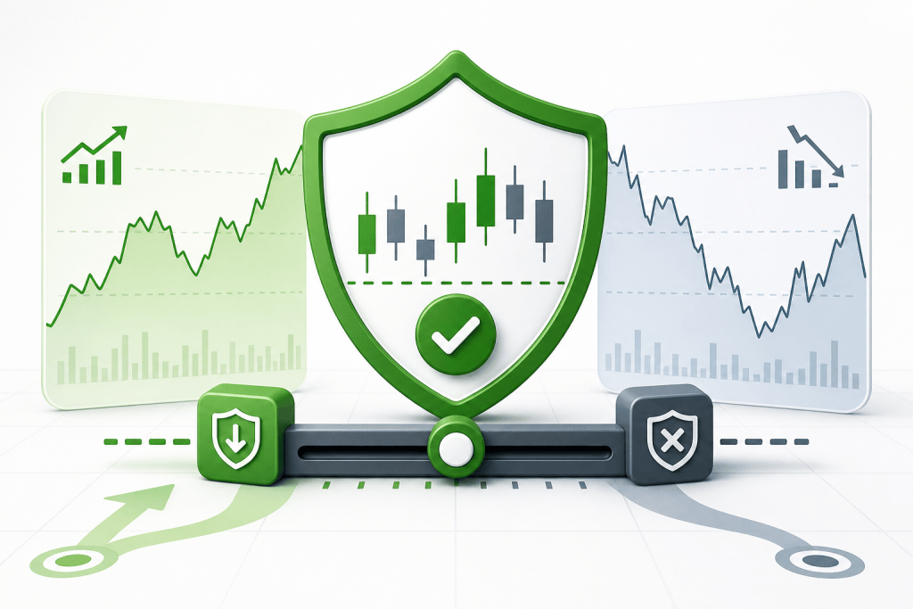 Green shield with a white checkmark centered between two stock charts, symbolizing financial protection and security.