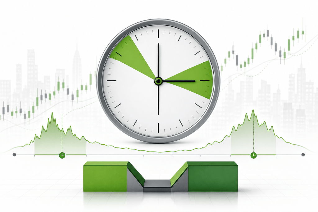 Large analog clock over a green-trend stock chart, symbolizing market timing and analysis.