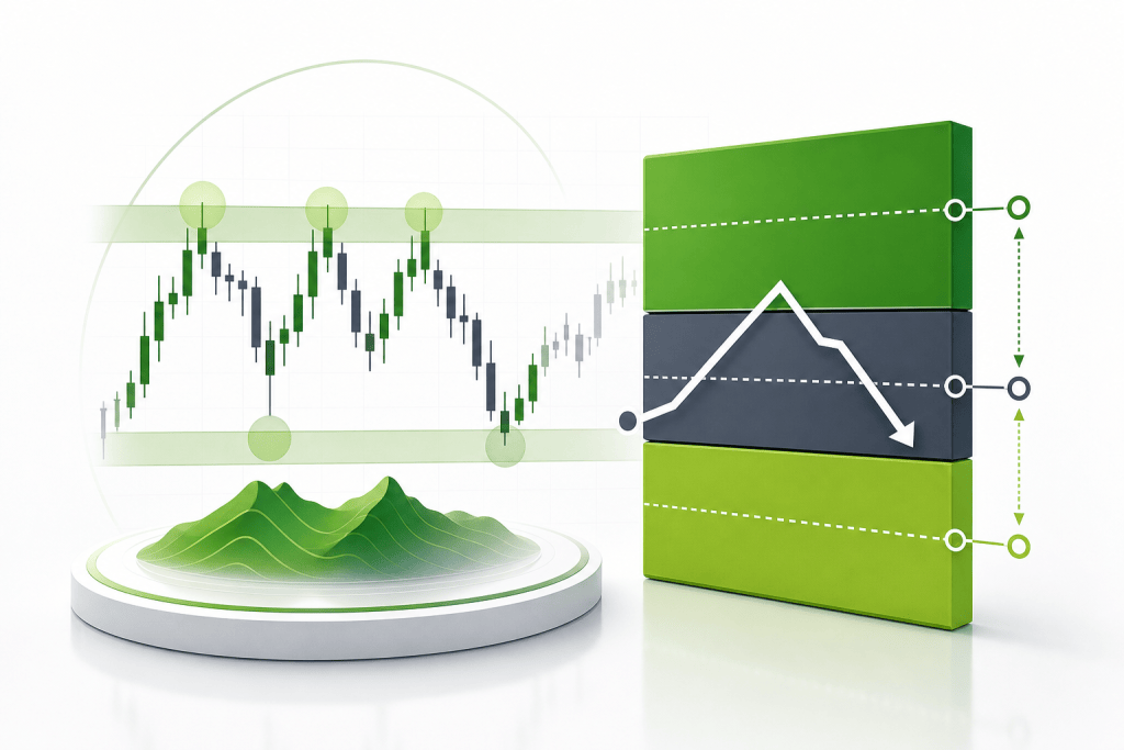 Infographic of stock data with green/blue candlesticks, circular markers, and a white trend line over a green stacked bar chart.