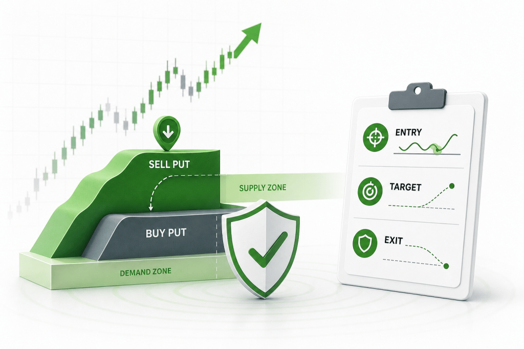 Infographic about options trading with sell/buy put zones, demand and supply zones, and protective shield diagram on a chart background