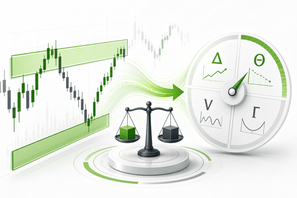 Abstract financial scene: stock chart with green candlesticks, a green upward arrow, a balanced scale, and a risk–reward gauge showing steady progress.
