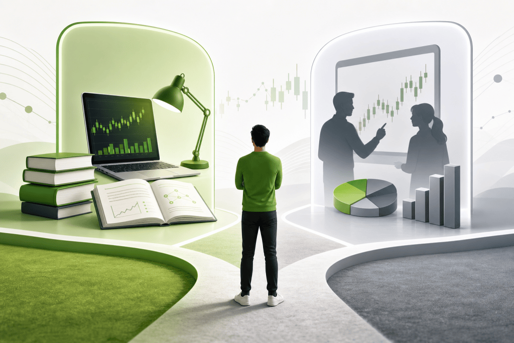 Person stands between two glowing panels: left shows a laptop with green stock charts, books, and an open notebook; right shows silhouettes discussing a large data chart and pie chart.