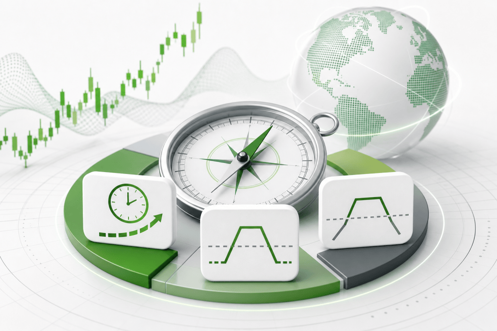 Global financial theme: compass with clock and analytics icons atop a segmented circular chart with a green/gray color scheme.