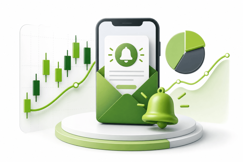 Green notification envelope on a smartphone with alert bell and analytics charts, symbolizing alerts and insights.