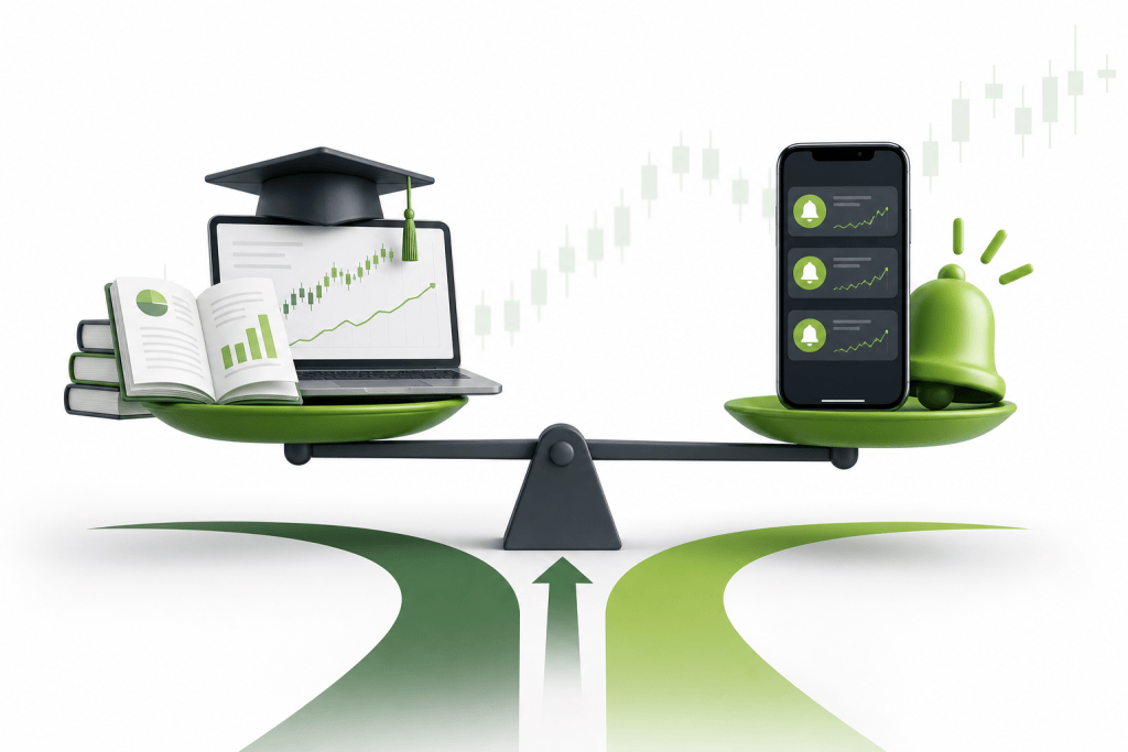 Balanced scale: left with graduation cap, books, and a laptop showing charts; right with a notification-heavy smartphone.