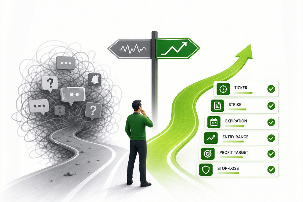 A man stands at a crossroads: a gray, tangled clutter of question icons on the left and a bright green path with a trading checklist on the right.