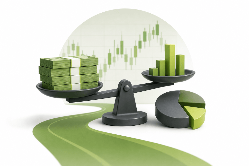 Balance scale weighing stacks of cash against a green bar chart and pie chart, symbolizing financial balance and growth insights.