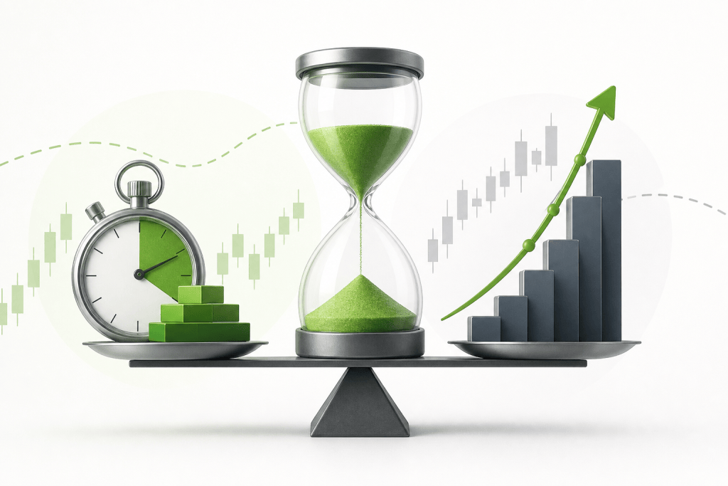 Balance scale with a stopwatch, green blocks, an hourglass with green sand, and a rising bar chart with a green arrow, symbolizing growth and time.