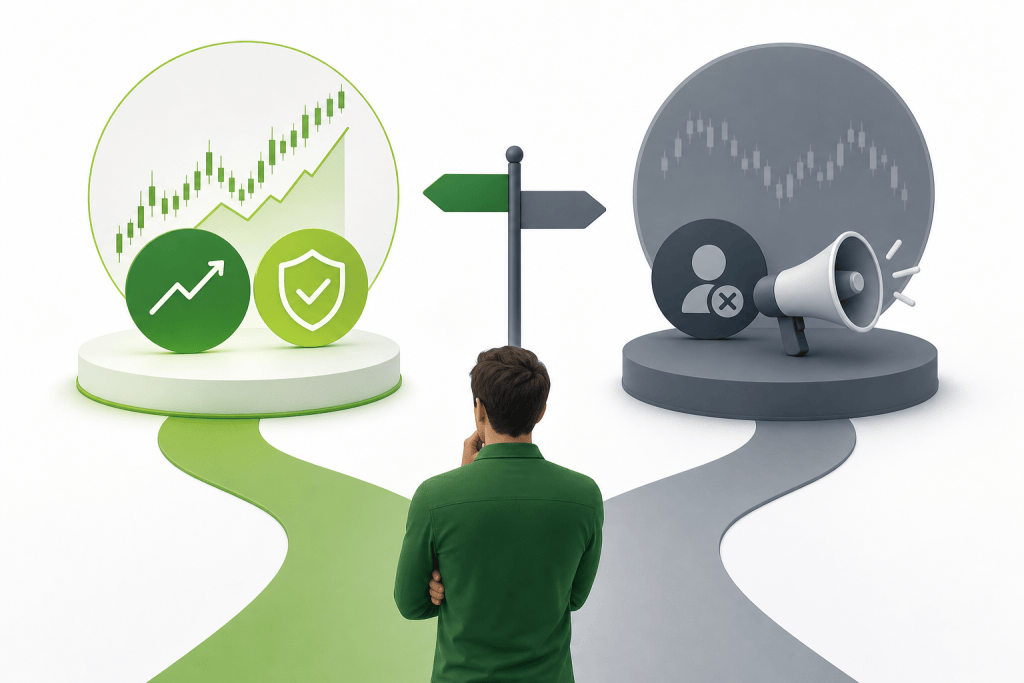 A man at a fork in the road chooses between a green path toward rising stock charts and security icons on the left, and a gray path toward a negative warning signal on the right.
