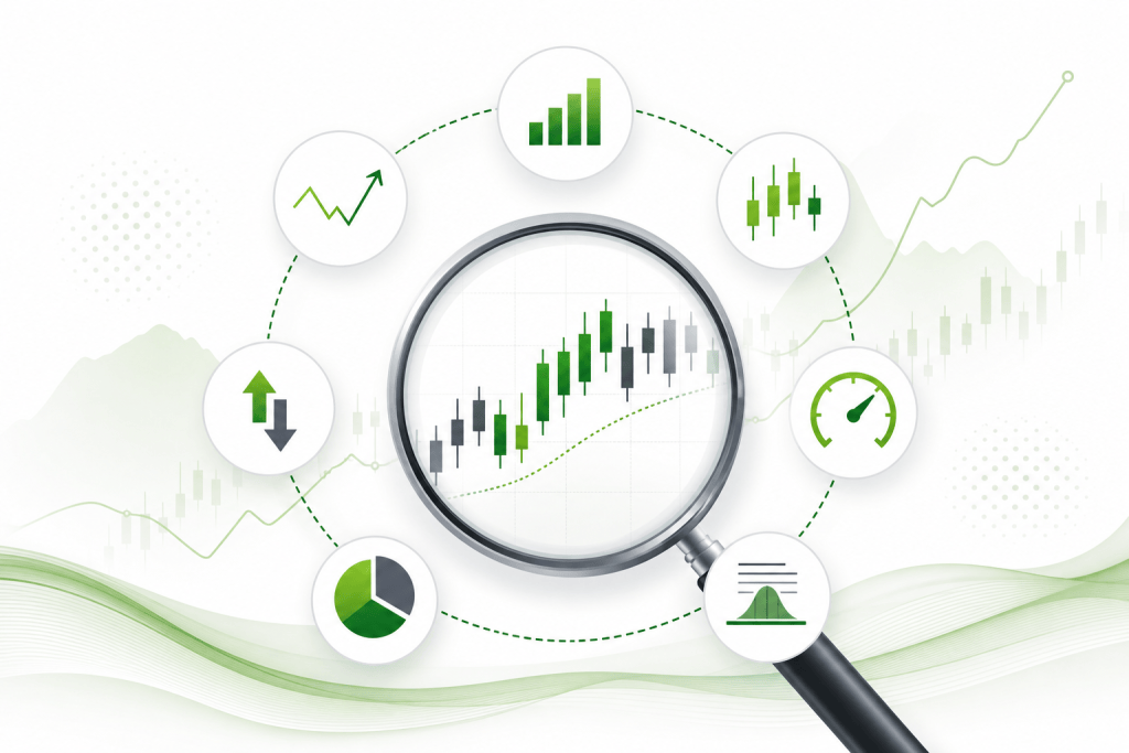 Magnifying glass over a green/gray candlestick stock chart, surrounded by circular icons for charts and indicators (trend, volume, speed, density).