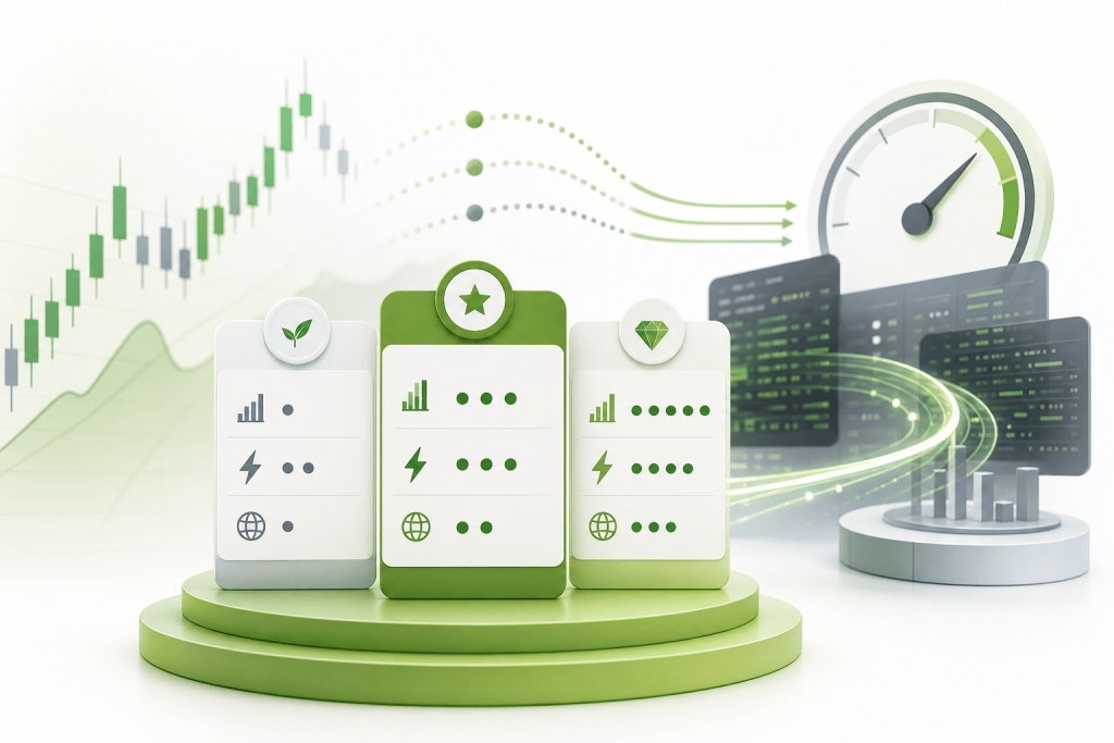Three pedestal charts with green accents on a circular platform, symbolizing performance metrics and sustainability, against a futuristic data backdrop.