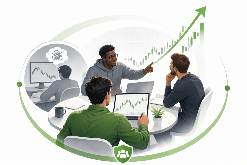 Team of analysts at a round table reviewing stock charts as a rising trend highlights in green.
