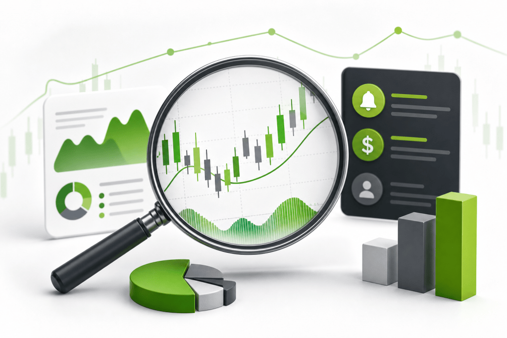 Magnifying glass over a candlestick stock chart with green trend line and accompanying charts in a finance dashboard.